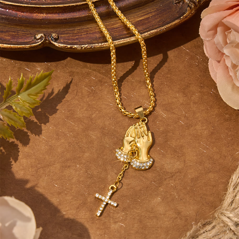 Crystal‑Trimmed Praying Hands Cross Necklace: Symbol of Celestial Peace