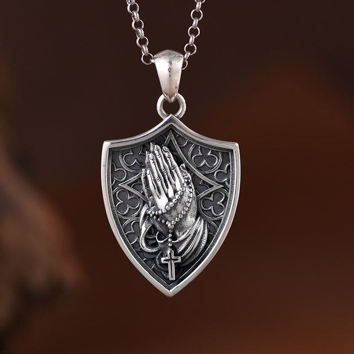 Antiqued Relief Praying Hands Shield Statement Necklace: Token of Sincere Piety