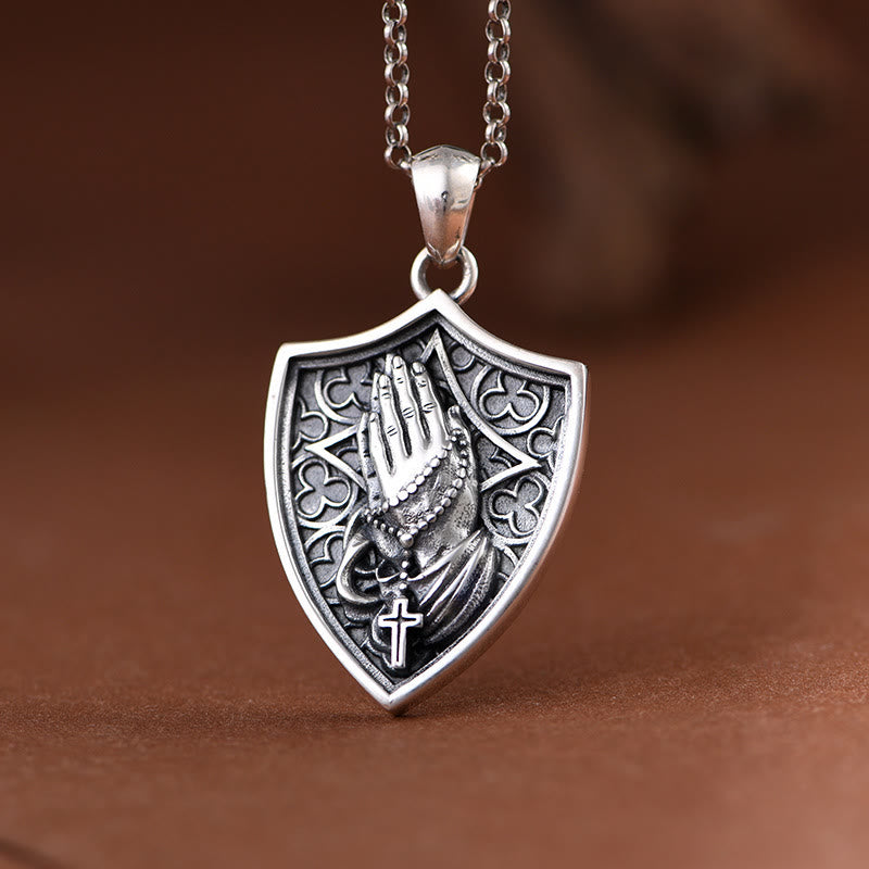 Antiqued Relief Praying Hands Shield Statement Necklace: Token of Sincere Piety