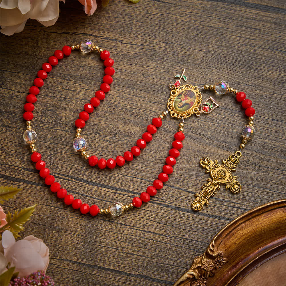 Ornate St.Therese‑Themed Rosary With Rose‑Carved Cross: Emblem of Gentle Heavenly Grace
