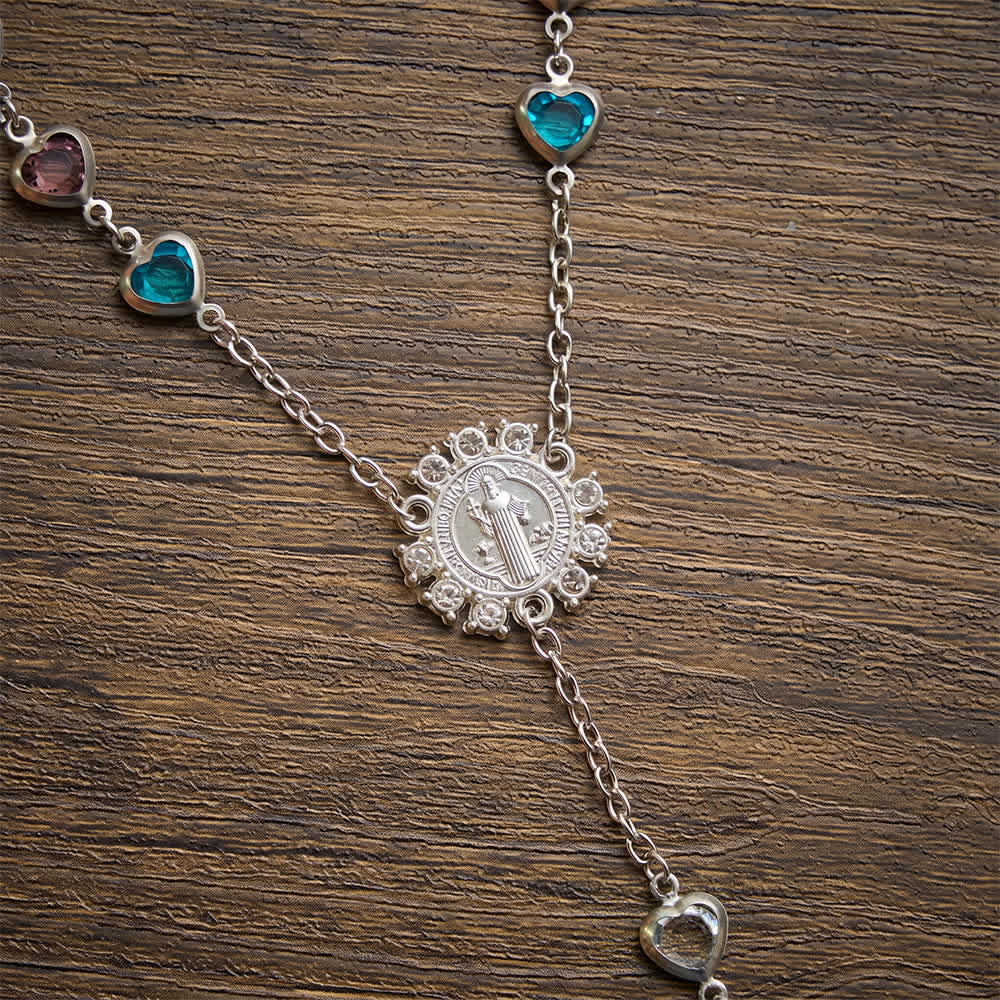 Silver‑Toned Heart‑Zircon Rosary With St.Benedict Medallion: Emblem of Gentle Heavenly Grace
