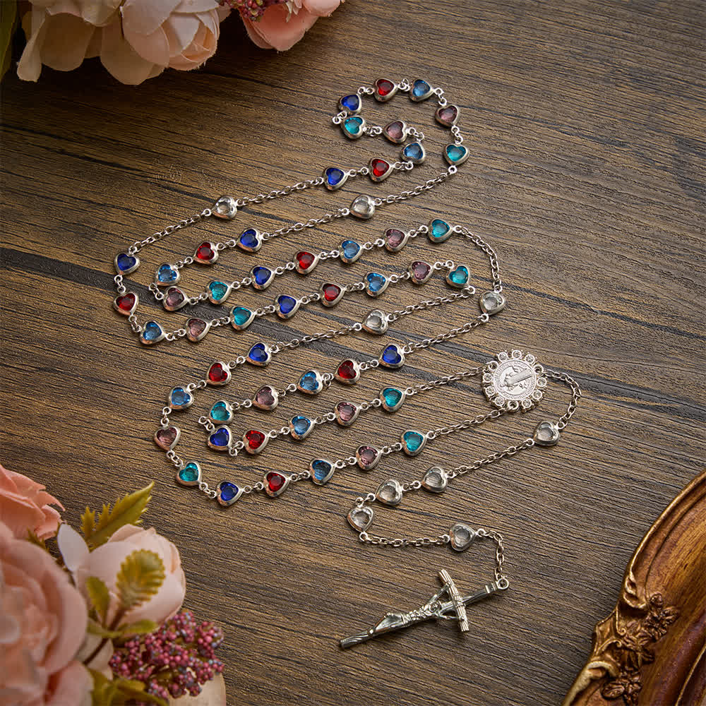 Silver‑Toned Heart‑Zircon Rosary With St.Benedict Medallion: Emblem of Gentle Heavenly Grace
