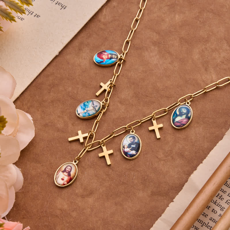 Dangle Jesus & Our Lady Medal Set With Cross Pendants: Badge of Heavenly Grace