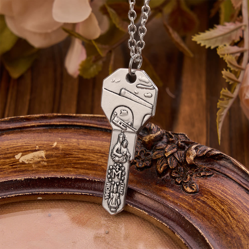 Ornate Relief St. Christopher Charm Key Necklace: Sign Of Abiding Divine Safeguard