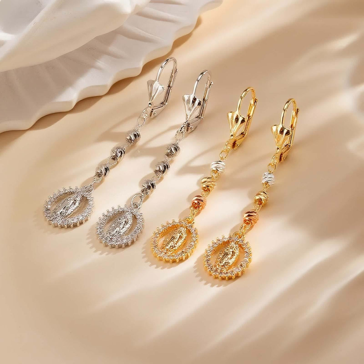 Engraved Our Lady Portrait Drop Earrings: Symbol Of Calm Everlasting Peace