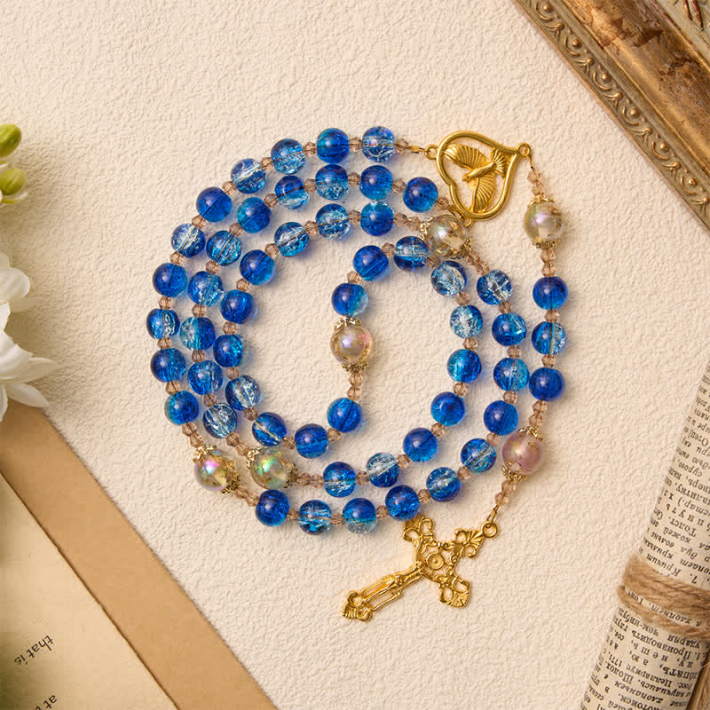 Ocean Blue Crackle Glass Holy Spirit Rosary: Sign of Quiet Heavenly Blessing