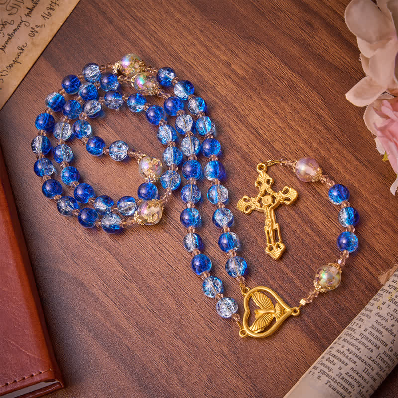 Ocean Blue Crackle Glass Holy Spirit Rosary: Sign of Quiet Heavenly Blessing