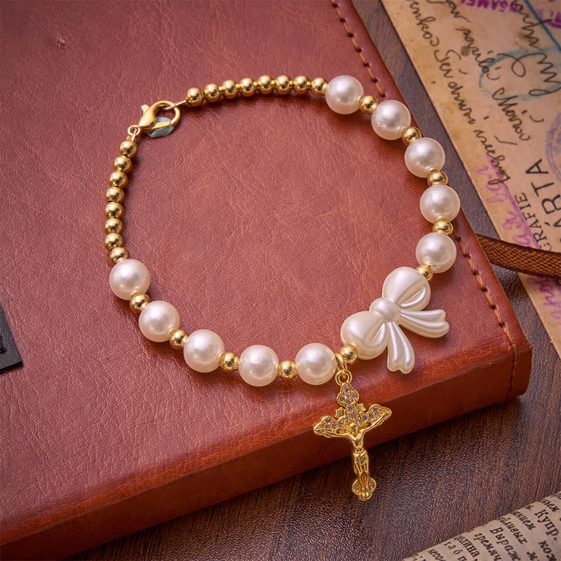 White Beaded Bow Rosary Bracelet With Jeweled Crucifix: Emblem of Sweet Heavenly Grace