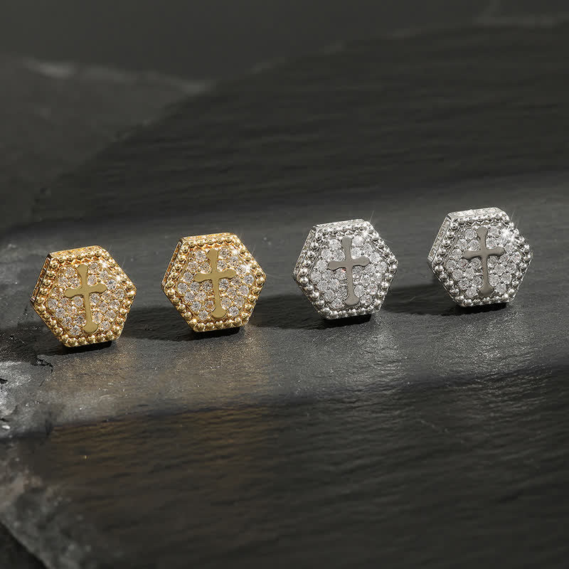Minimal Sacred Hexagon Cross Stud Earrings: Sign Of Soft Timeless Sacred Solace