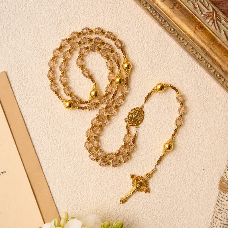 Amber Taupe Faceted Our Lady Rosary With Carved Crucifix: Keepsake for Sacred Milestone Ceremonies