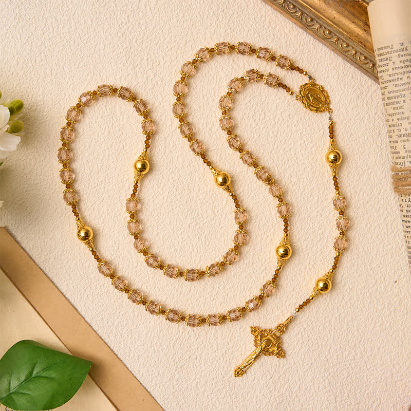 Amber Taupe Faceted Our Lady Rosary With Carved Crucifix: Keepsake for Sacred Milestone Ceremonies