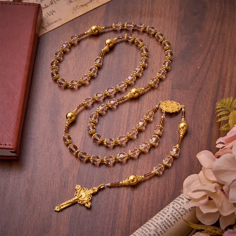 Amber Taupe Faceted Our Lady Rosary With Carved Crucifix: Keepsake for Sacred Milestone Ceremonies