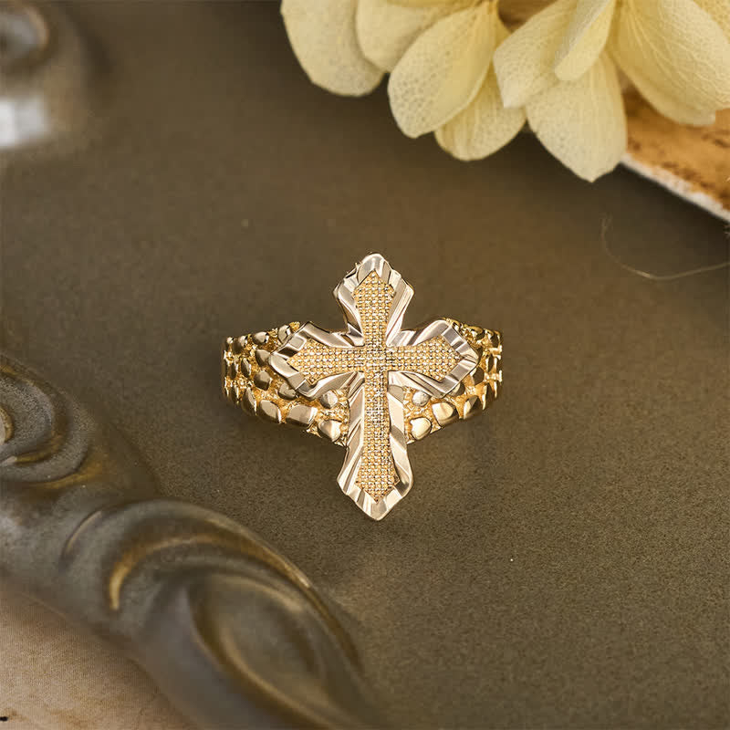 Raised Hammered Cross Stainless Steel Ring: Token of Divine Shelter