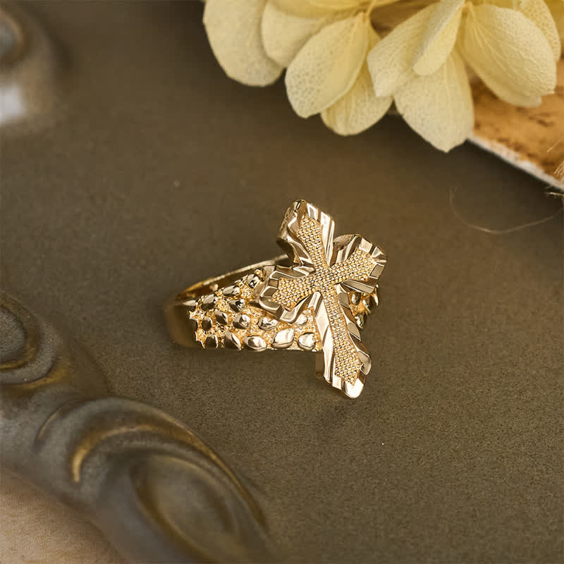 Raised Hammered Cross Stainless Steel Ring: Token of Divine Shelter