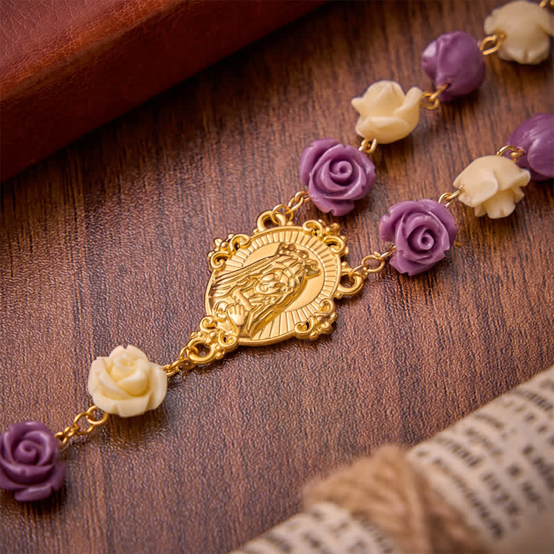 Cream Purple Rose Bead Our Lady & Jeweled Crucifix Rosary: Emblem of Gentle Heavenly Grace