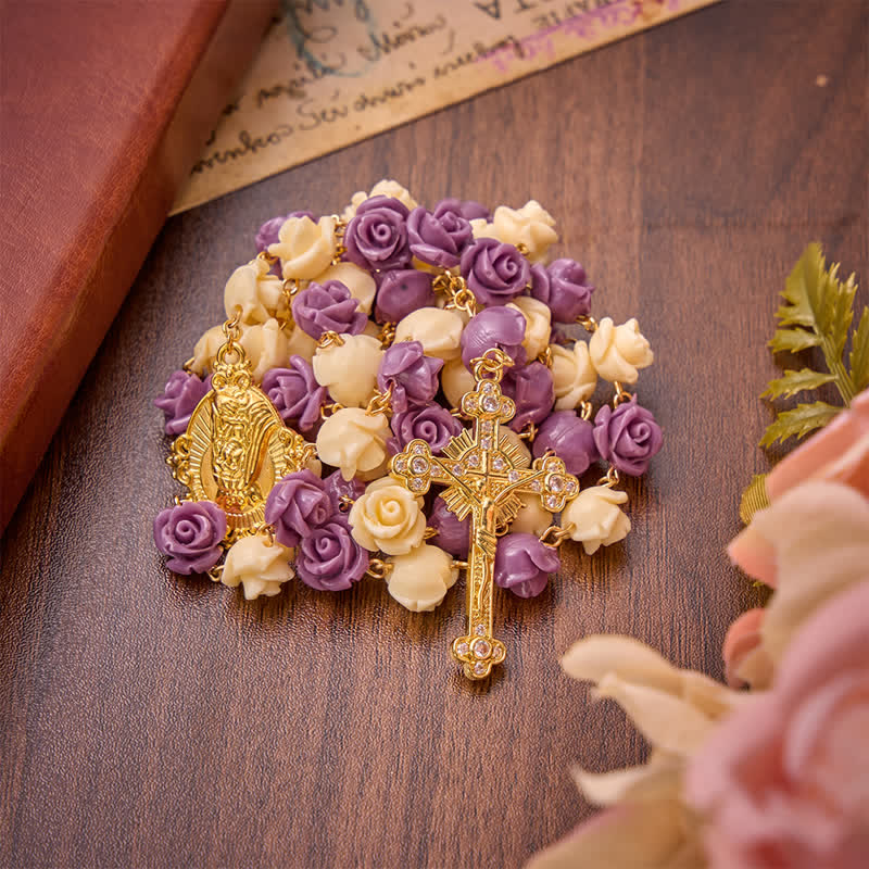 Cream Purple Rose Bead Our Lady & Jeweled Crucifix Rosary: Emblem of Gentle Heavenly Grace