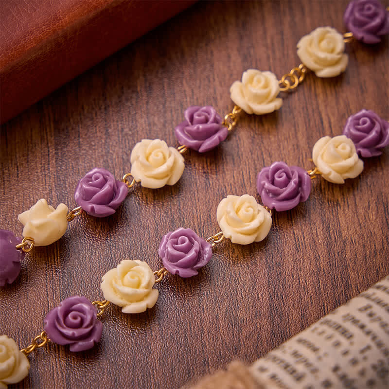Cream Purple Rose Bead Our Lady & Jeweled Crucifix Rosary: Emblem of Gentle Heavenly Grace