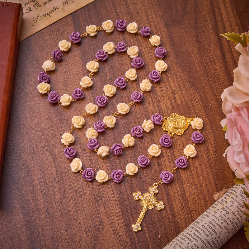Cream Purple Rose Bead Our Lady & Jeweled Crucifix Rosary: Emblem of Gentle Heavenly Grace