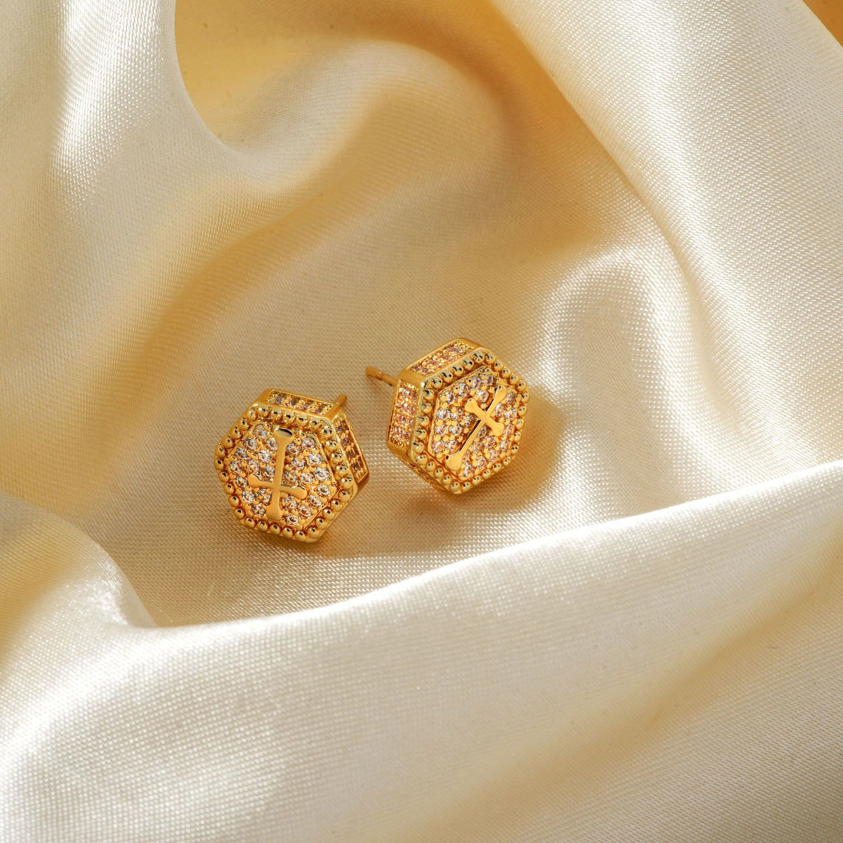 Minimal Sacred Hexagon Cross Stud Earrings: Sign Of Soft Timeless Sacred Solace