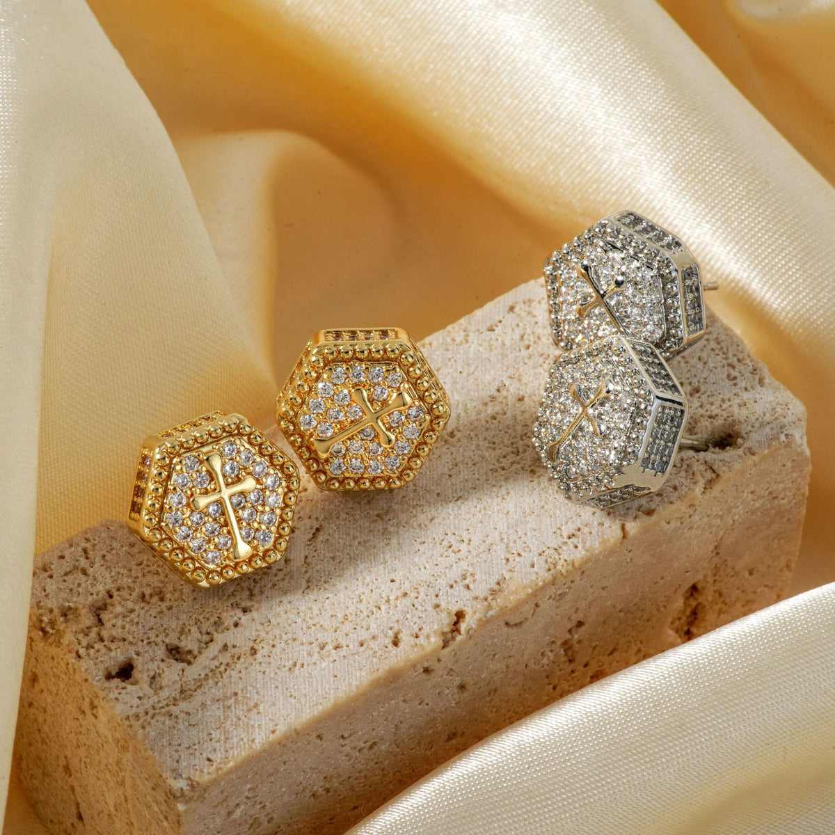 Minimal Sacred Hexagon Cross Stud Earrings: Sign Of Soft Timeless Sacred Solace