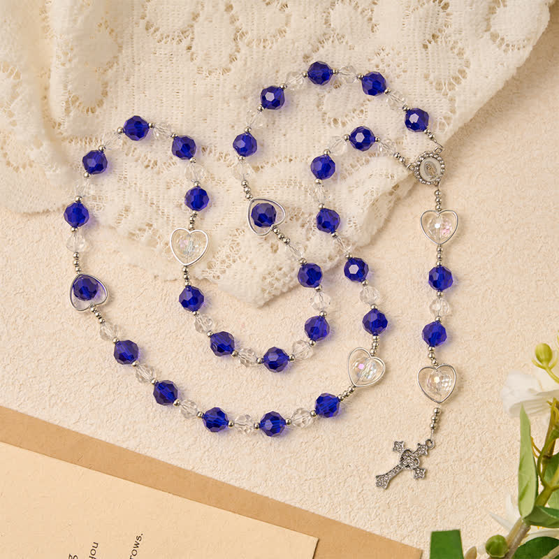 Hollow Heart Glass Rosary with Deep Blue Faceted Beads: Token of Abiding Divine Protection