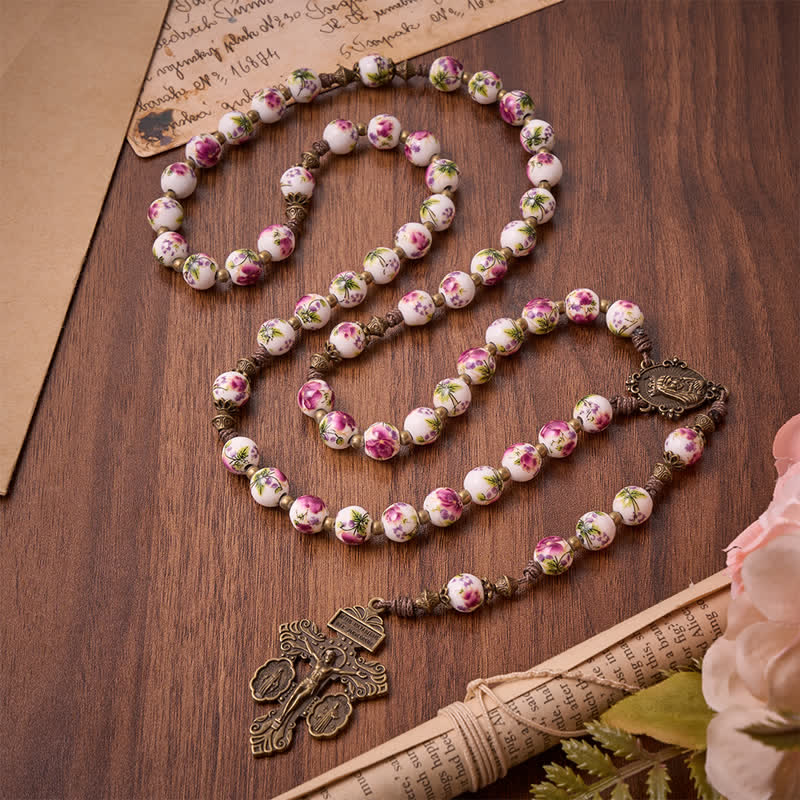 Antiqued Bronze Pink Blossom Prayer Rosary with Our Lady Medal & Crucifix