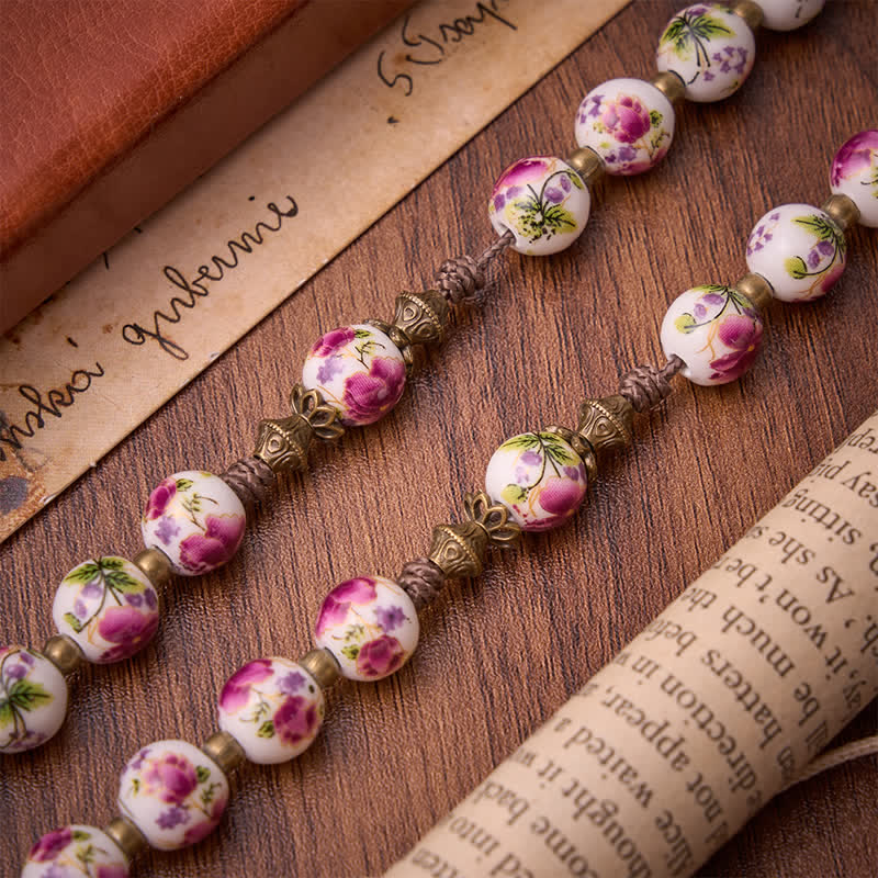 Antiqued Bronze Pink Blossom Prayer Rosary with Our Lady Medal & Crucifix