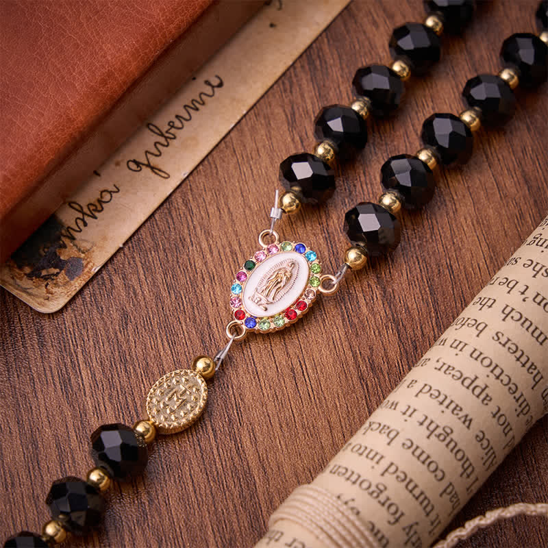 Luxe Black Faceted Glass Rosary Featuring Ornate Gilded Crucifix & Our Lady Medal