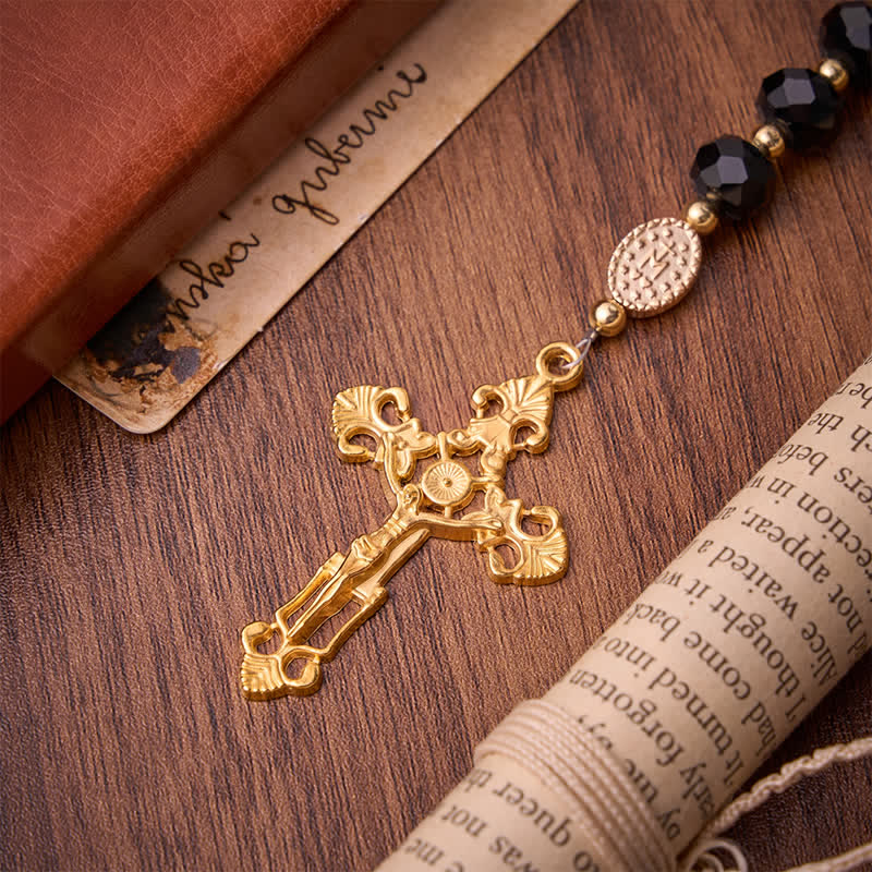 Luxe Black Faceted Glass Rosary Featuring Ornate Gilded Crucifix & Our Lady Medal