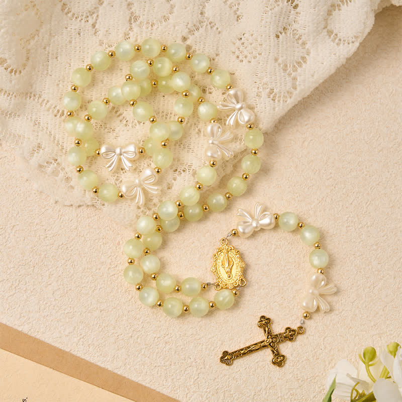 Pale Green Cat's Eye Resin Bow Rosary With Gilded Cross: Emblem of Soft Heavenly Grace