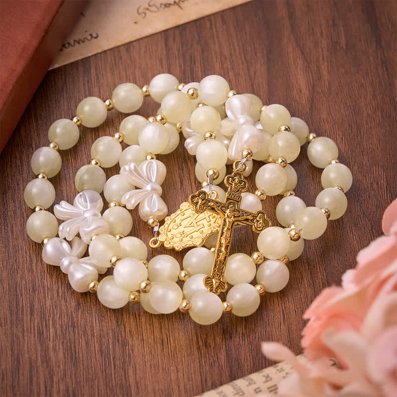 Pale Green Cat's Eye Resin Bow Rosary With Gilded Cross: Emblem of Soft Heavenly Grace