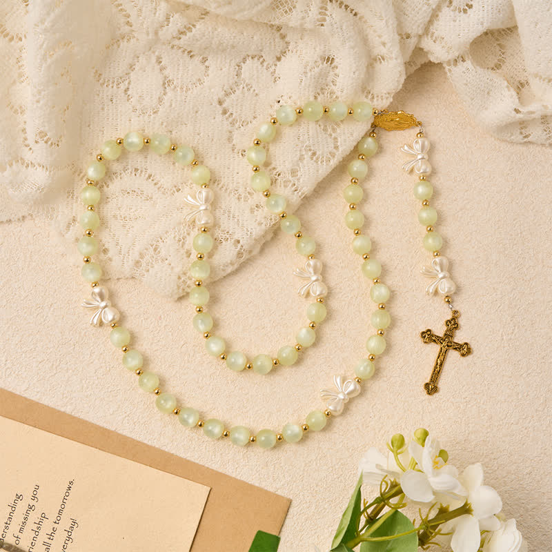 Pale Green Cat's Eye Resin Bow Rosary With Gilded Cross: Emblem of Soft Heavenly Grace