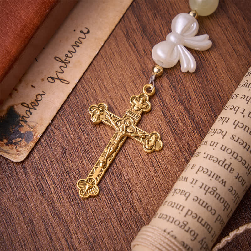 Pale Green Cat's Eye Resin Bow Rosary With Gilded Cross: Emblem of Soft Heavenly Grace