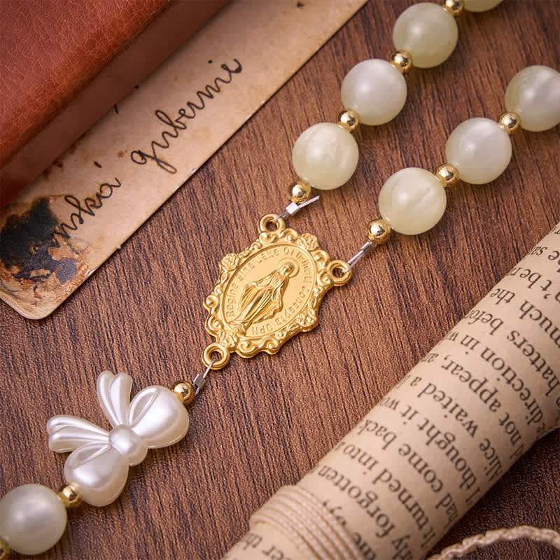 Pale Green Cat's Eye Resin Bow Rosary With Gilded Cross: Emblem of Soft Heavenly Grace
