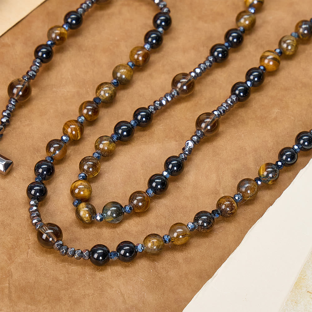 Natural Obsidian Tiger's Eye Rosary Necklace - Hematite Stone Cross Protection Rosary