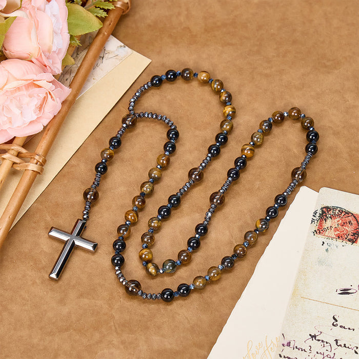 Natural Obsidian Tiger's Eye Rosary Necklace - Hematite Stone Cross Protection Rosary