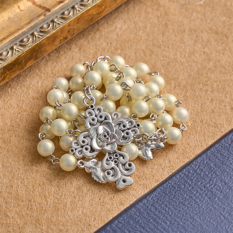 Our Lady of Fatima Rosary with Rose Alloy Cross: Token of Sacred Gentle Grace