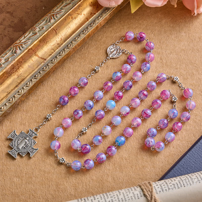 Ornate Alloy Rosary with Our Lady & St. Benedict: Emblem of Quiet Blessing
