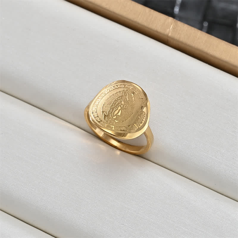 Sacred Portrait & Cross Medallion Ring: Emblem of Soft Celestial Protection