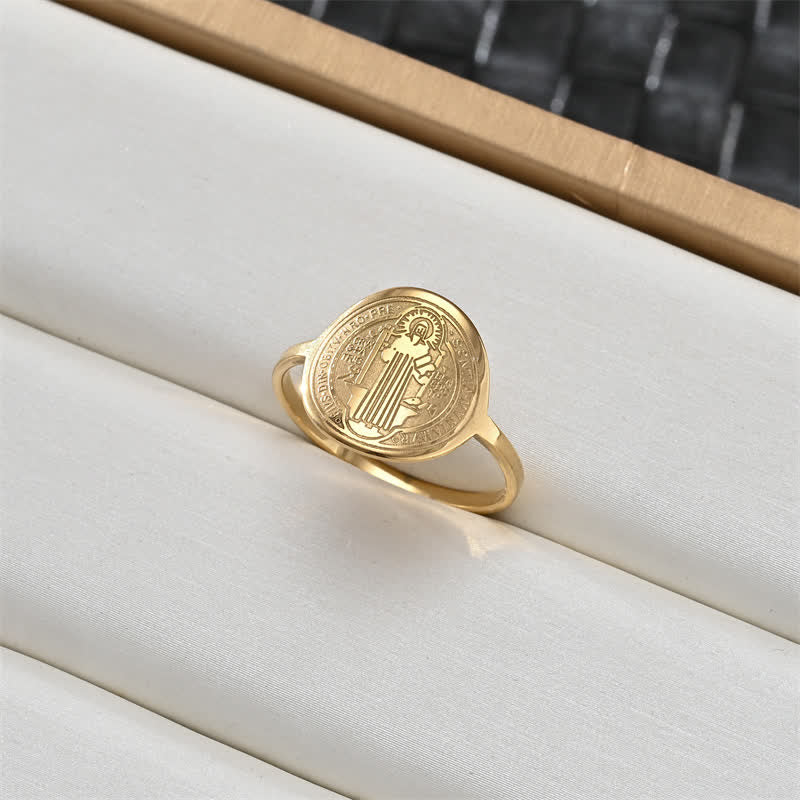 Sacred Portrait & Cross Medallion Ring: Emblem of Soft Celestial Protection