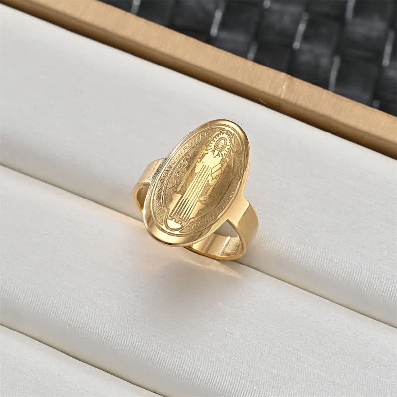 Sacred Portrait & Cross Medallion Ring: Emblem of Soft Celestial Protection