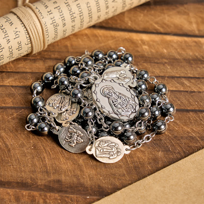 Our Lady of Sorrows Hematite Rosary Set: Emblem of Soft Heavenly Blessing