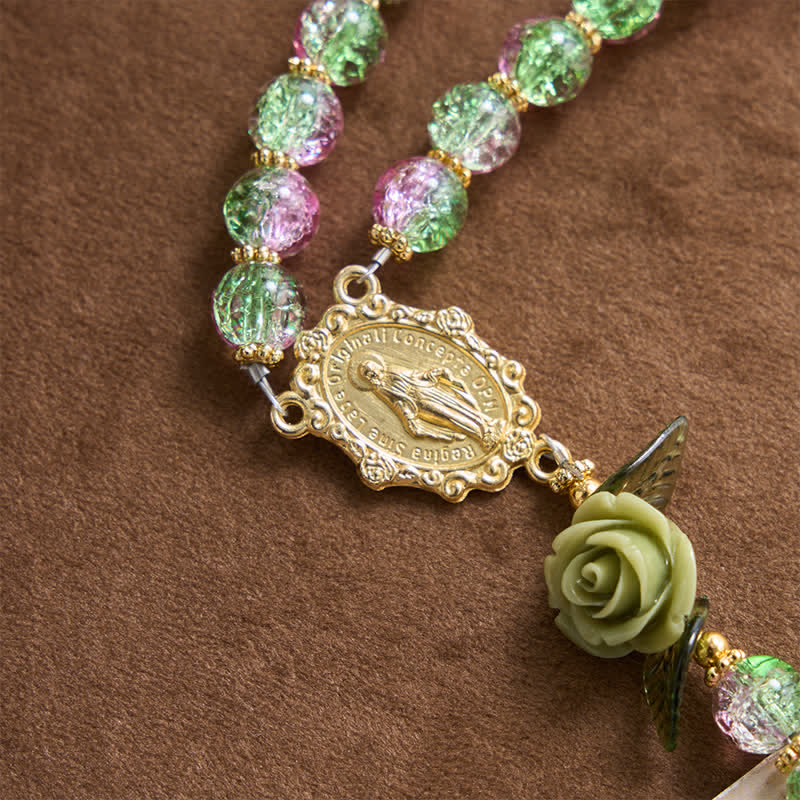 Pink & Green Crackle Faceted Glass Bead Rose Floral Our Lady Cross Rosary