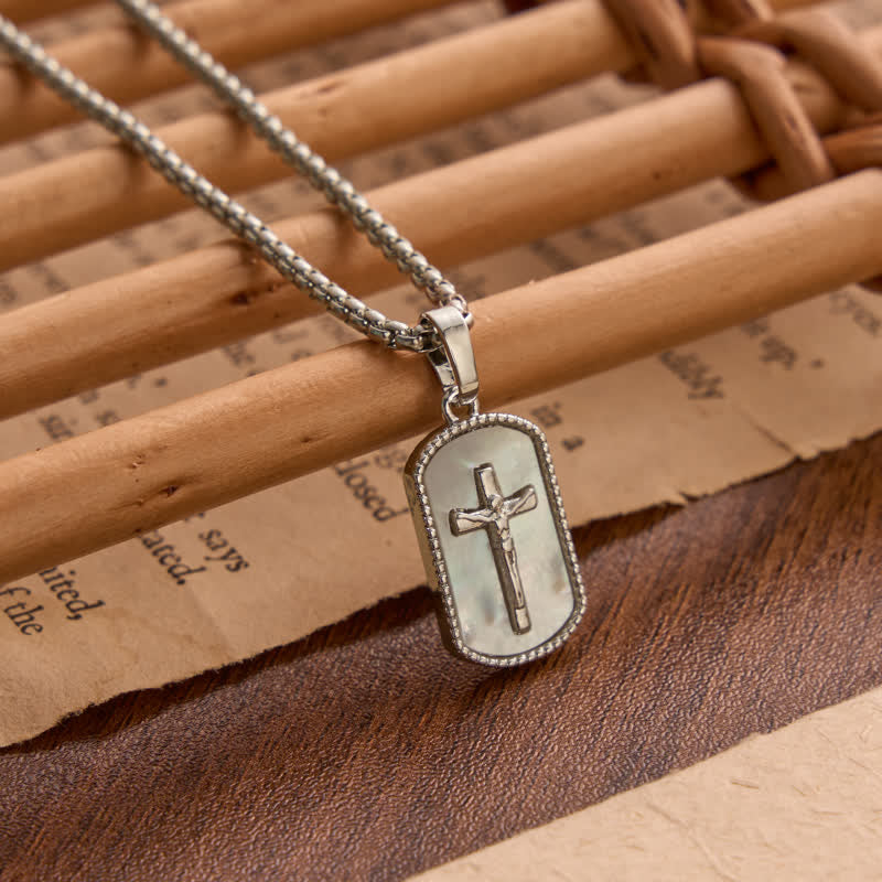 Dainty Box Link Shell Inlaid Crucifix Necklace: Emblem of Peaceful Inner Devotion