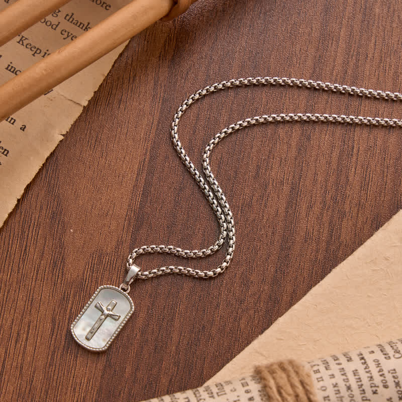 Dainty Box Link Shell Inlaid Crucifix Necklace: Emblem of Peaceful Inner Devotion