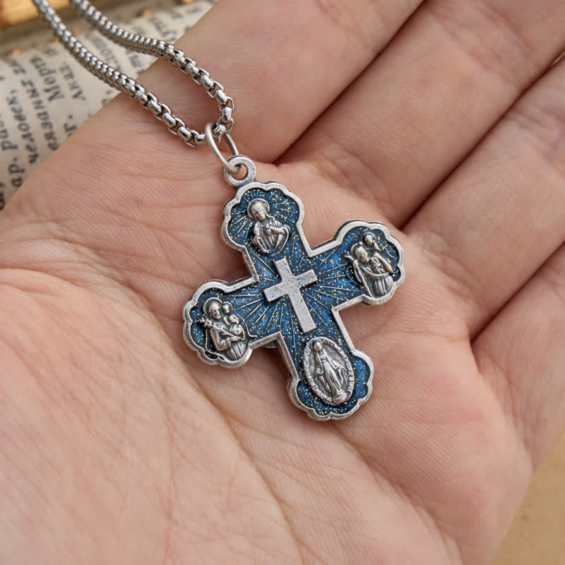 Four Sacred Portrait Cross Box‑Chain Necklace: Token Of Gentle Celestial Safeguard