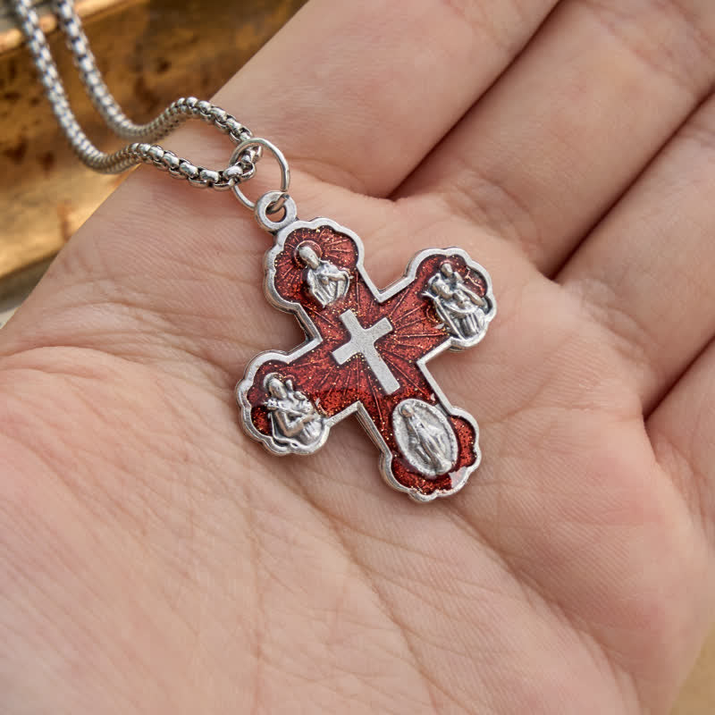 Four Sacred Portrait Cross Box‑Chain Necklace: Token Of Gentle Celestial Safeguard