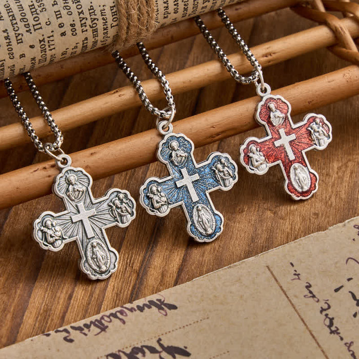 Four Sacred Portrait Cross Box‑Chain Necklace: Token Of Gentle Celestial Safeguard