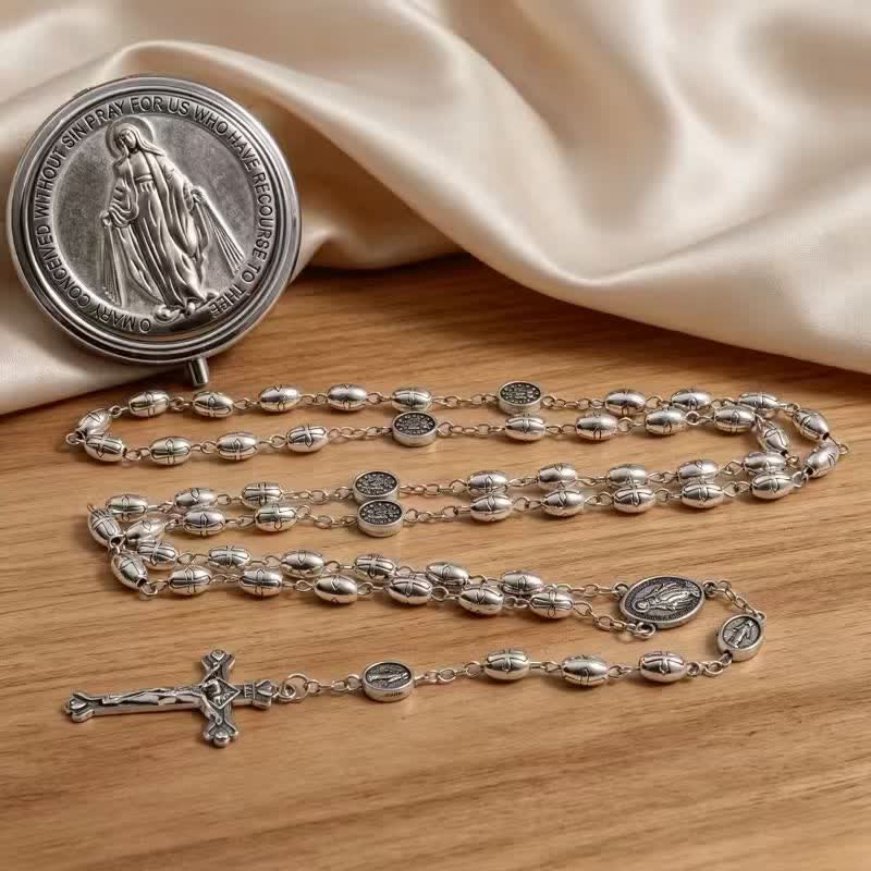 Embossed Alloy Rosary With Our Lady Miraculous Medal & Sacred Crucifix
