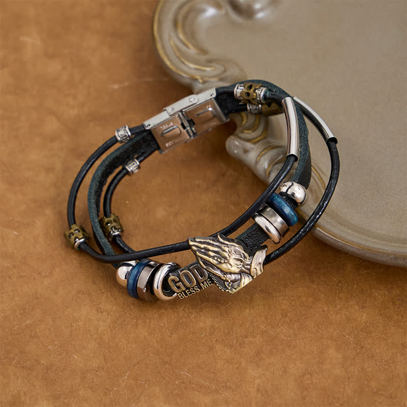 God Bless Me Engraved Leather Prayer Bracelet: Token of Abiding Celestial Favor